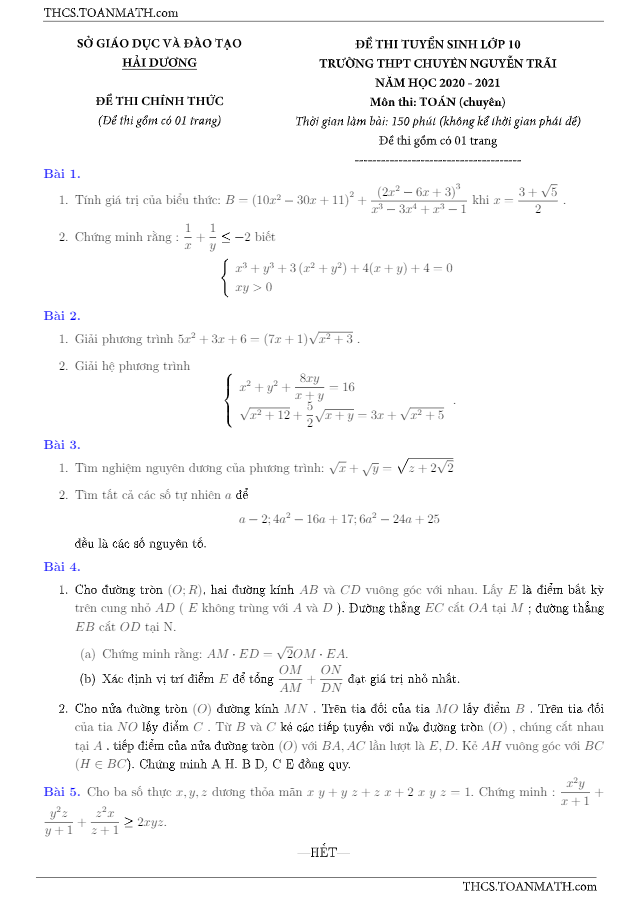 đề toán tuyển sinh lớp 10 năm 2020 – 2021 trường chuyên nguyễn trãi – hải dương