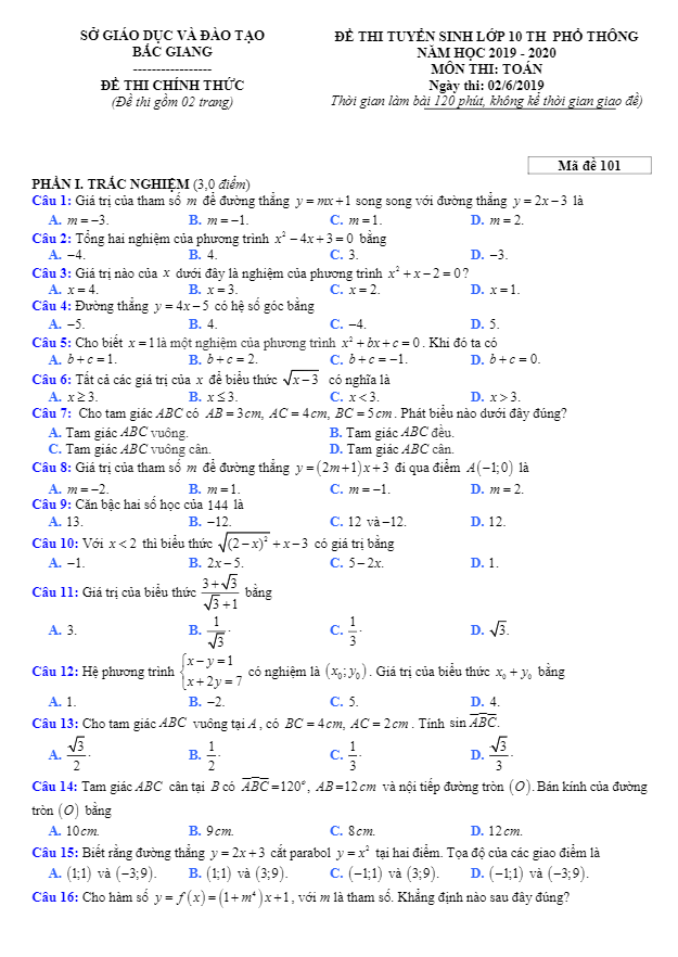 đề toán tuyển sinh lớp 10 thpt năm 2019 – 2020 sở gd&đt bắc giang
