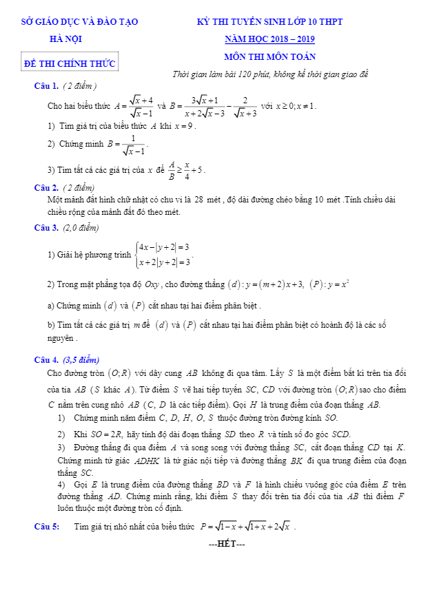 đề toán tuyển sinh vào lớp 10 thpt 2018 – 2019 sở gd và đt hà nội