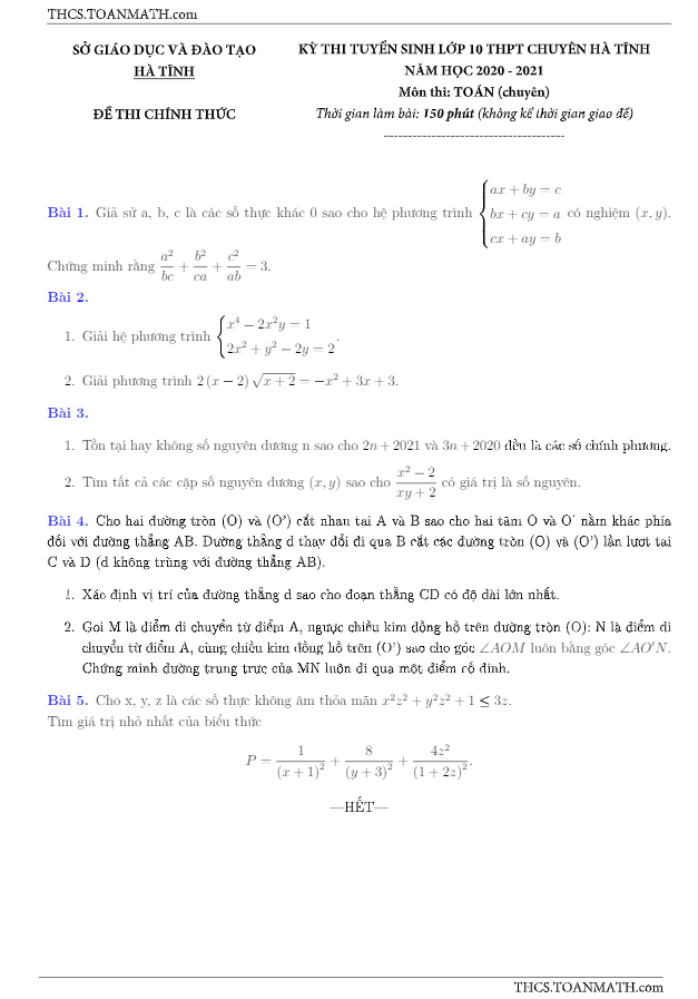 đề tuyển sinh 10 môn toán năm 2020 – 2021 trường thpt chuyên hà tĩnh (chuyên)