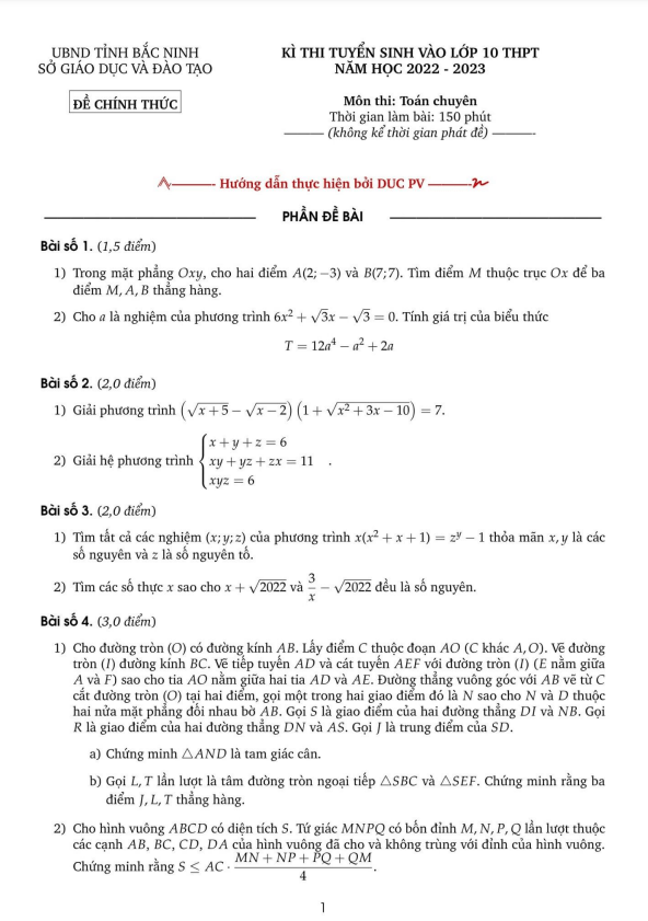 đề tuyển sinh lớp 10 chuyên môn toán (chuyên) 2022 – 2023 sở gd&đt bắc ninh