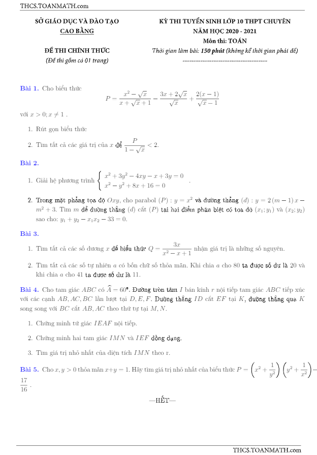 đề tuyển sinh lớp 10 chuyên môn toán năm 2020 – 2021 sở gd&đt cao bằng