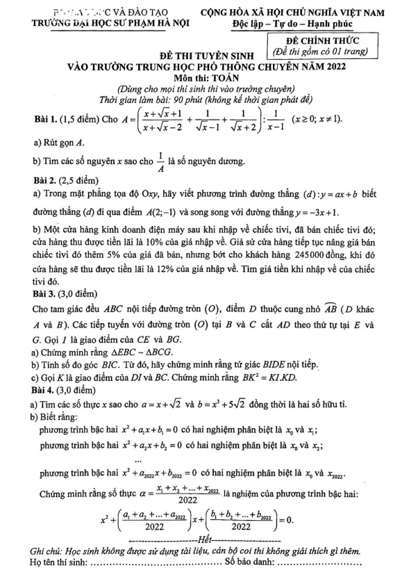 đề tuyển sinh lớp 10 chuyên môn toán năm 2022 trường đhsp hà nội