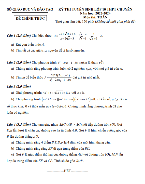 đề tuyển sinh lớp 10 chuyên môn toán năm 2023 – 2024 sở gd&đt bình dương