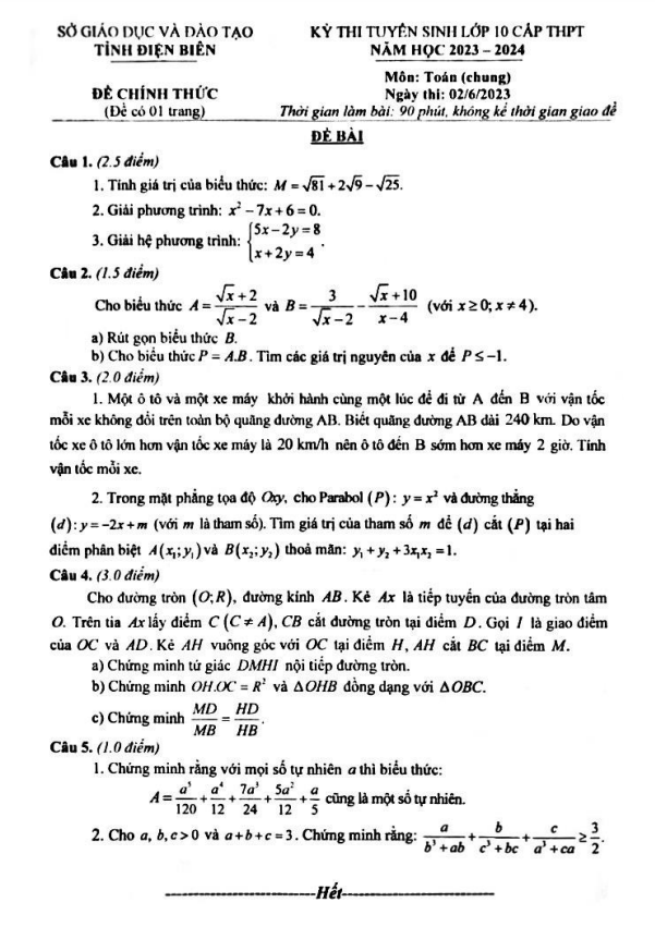 đề tuyển sinh lớp 10 môn toán (chung) năm 2023 – 2024 sở gd&đt điện biên