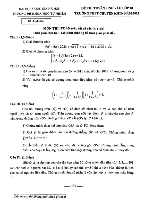 đề tuyển sinh lớp 10 môn toán (chung) năm 2023 trường thpt chuyên khtn – hà nội