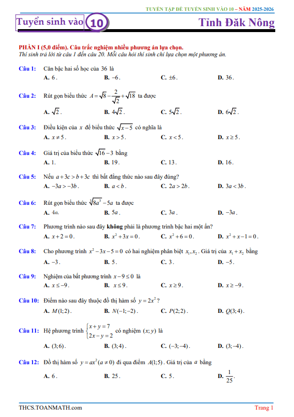 đề tuyển sinh lớp 10 môn toán (chung) năm 2025 – 2026 sở gd&đt đắk nông