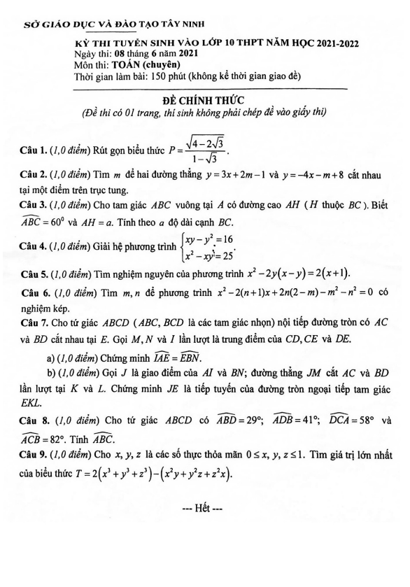 đề tuyển sinh lớp 10 môn toán (chuyên) năm 2021 – 2022 sở gd&đt tây ninh