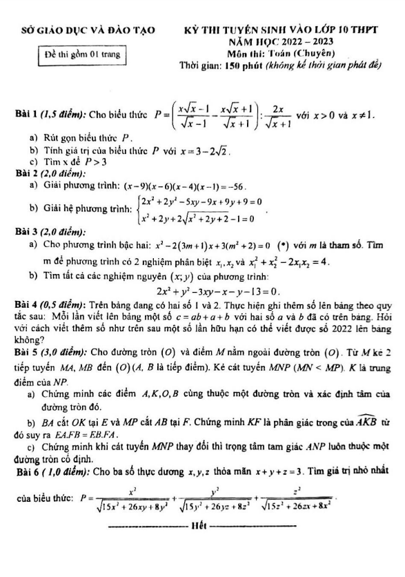 đề tuyển sinh lớp 10 môn toán (chuyên) năm 2022 – 2023 sở gd&đt đắk nông