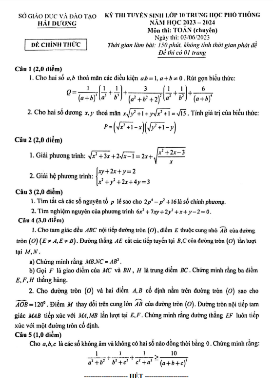 đề tuyển sinh lớp 10 môn toán (chuyên) năm 2023 – 2024 sở gd&đt hải dương