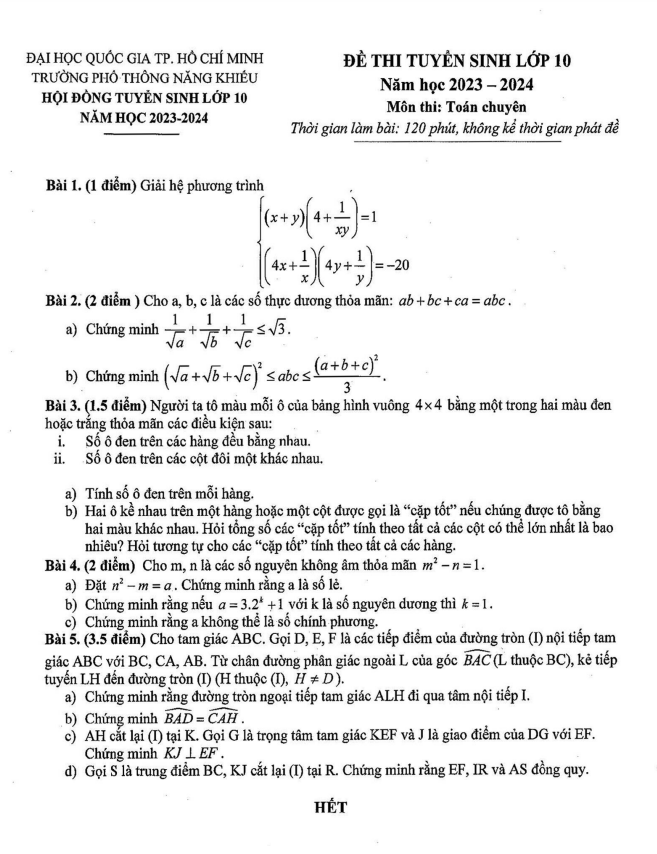 đề tuyển sinh lớp 10 môn toán (chuyên) năm 2023 – 2024 trường ptnk – tp hcm