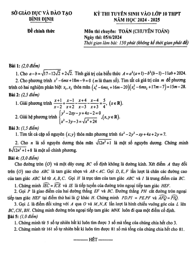 đề tuyển sinh lớp 10 môn toán (chuyên) năm 2024 – 2025 sở gd&đt bình định