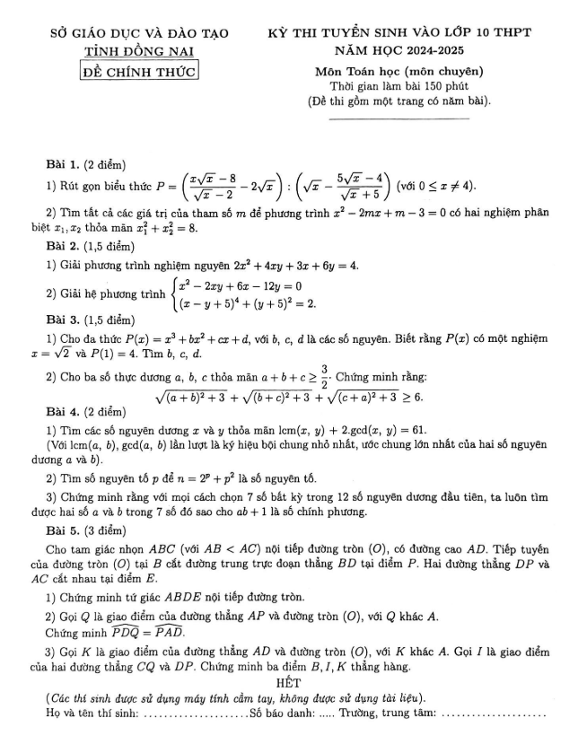 đề tuyển sinh lớp 10 môn toán (chuyên) năm 2024 – 2025 sở gd&đt đồng nai