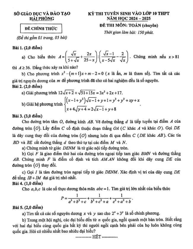 đề tuyển sinh lớp 10 môn toán (chuyên) năm 2024 – 2025 sở gd&đt hải phòng