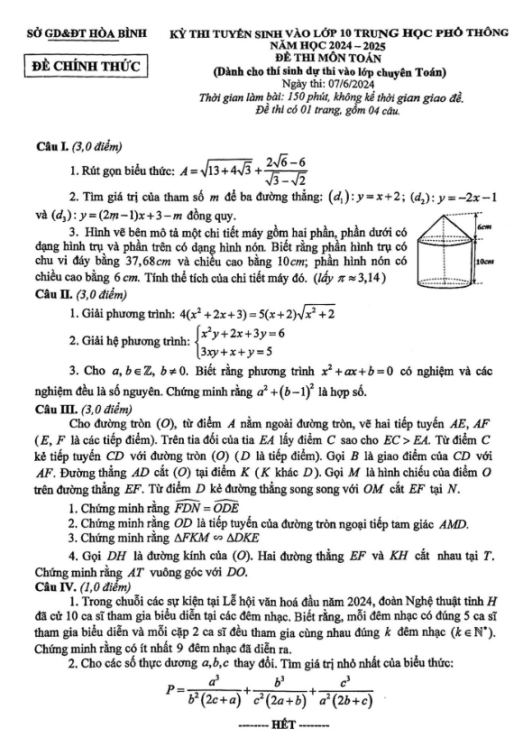 đề tuyển sinh lớp 10 môn toán (chuyên) năm 2024 – 2025 sở gd&đt hòa bình