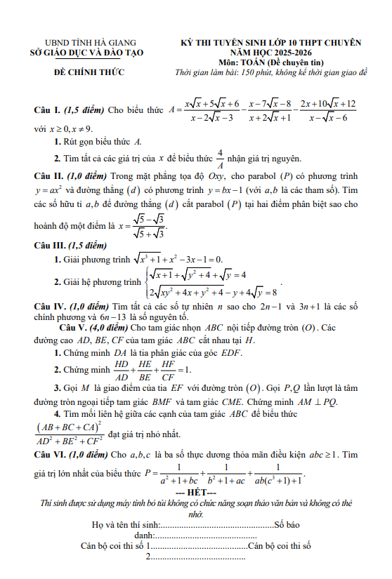 đề tuyển sinh lớp 10 môn toán (chuyên) năm 2025 – 2026 sở gd&đt hà giang