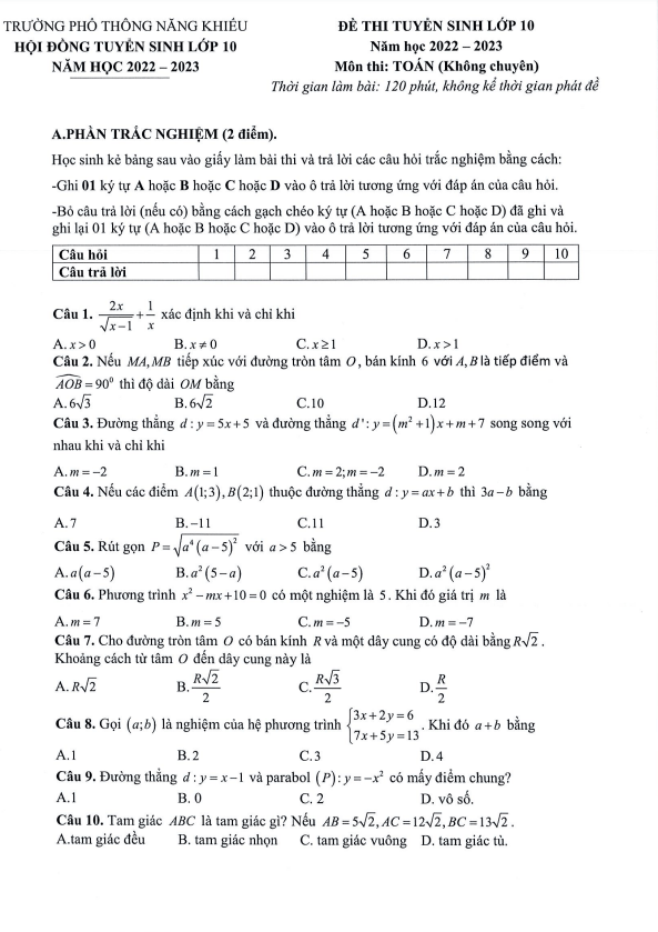 đề tuyển sinh lớp 10 môn toán (không chuyên) năm 2022 – 2023 trường ptnk – tp hcm