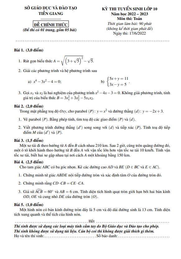đề tuyển sinh lớp 10 môn toán năm 2022 – 2023 sở gd&đt tiền giang