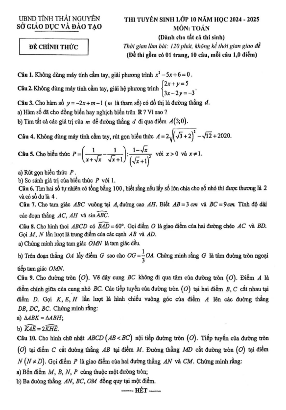 đề tuyển sinh lớp 10 môn toán năm 2024 – 2025 sở gd&đt thái nguyên