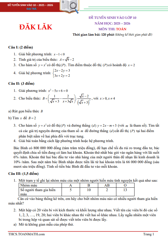đề tuyển sinh lớp 10 môn toán năm 2025 – 2026 sở gd&đt đắk lắk