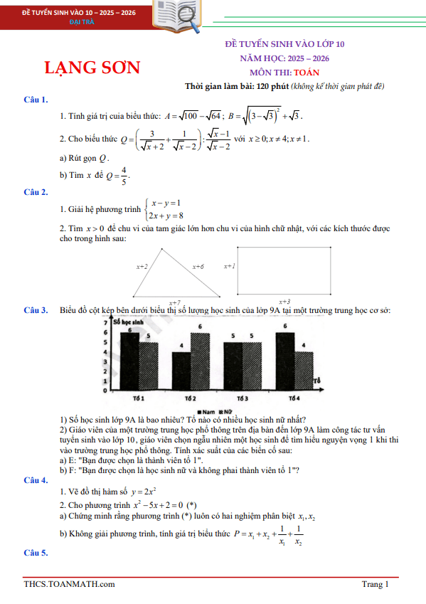 đề tuyển sinh lớp 10 môn toán năm 2025 – 2026 sở gd&đt lạng sơn