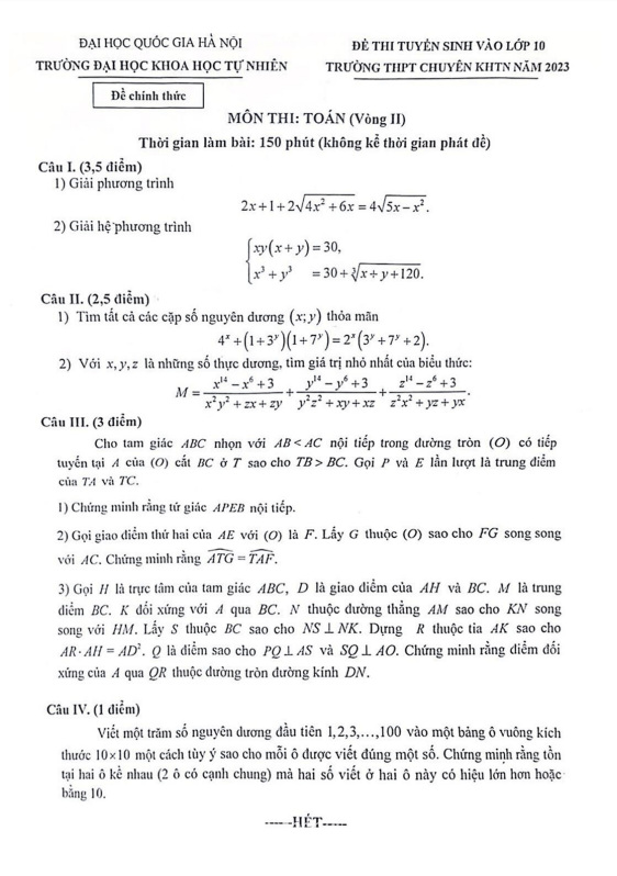 đề tuyển sinh lớp 10 môn toán (vòng 2) năm 2023 trường thpt chuyên khtn – hà nội