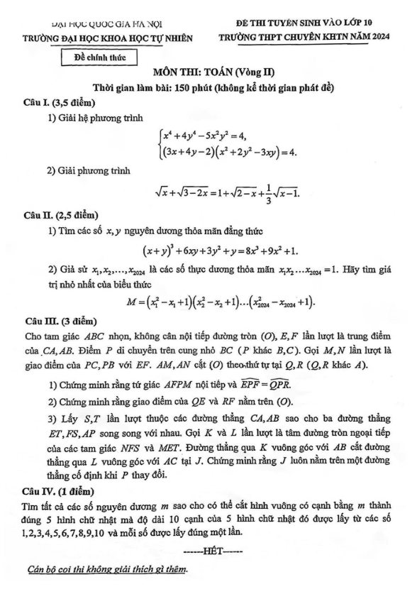 đề tuyển sinh lớp 10 môn toán (vòng 2) năm 2024 trường chuyên khtn – hà nội