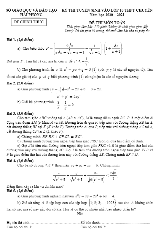 đề tuyển sinh lớp 10 thpt chuyên môn toán năm 2020 – 2021 sở gd&đt hải phòng