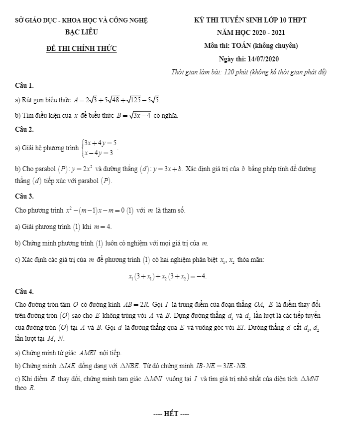 đề tuyển sinh lớp 10 thpt môn toán năm 2020 – 2021 sở gdkhcn bạc liêu