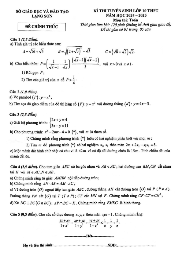 đề tuyển sinh lớp 10 thpt môn toán năm 2024 – 2025 sở gd&đt lạng sơn