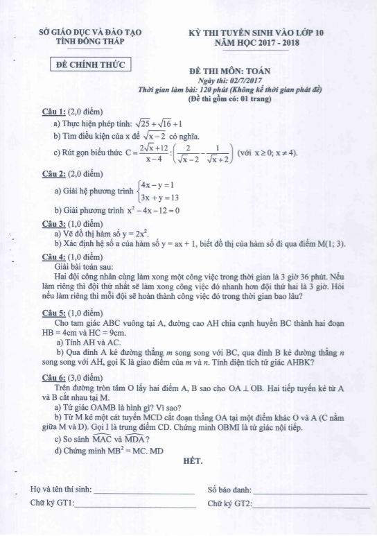 đề tuyển sinh vào 10 môn toán năm 2017 – 2018 sở gd&đt đồng tháp