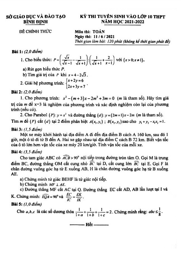 đề tuyển sinh vào lớp 10 môn toán năm 2021 – 2022 sở gd&đt bình định