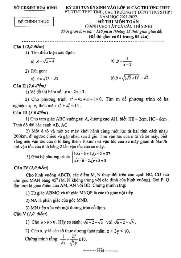đề tuyển sinh vào lớp 10 môn toán năm 2021 – 2022 sở gd&đt hòa bình