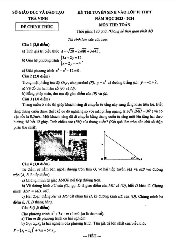 đề tuyển sinh vào lớp 10 môn toán năm 2023 – 2024 sở gd&đt trà vinh
