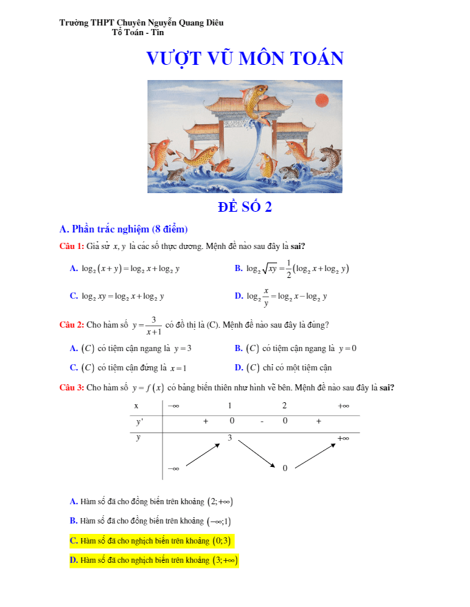 đề vượt vũ môn toán 2018 lần 2 trường thpt chuyên nguyễn quang diêu – đồng tháp