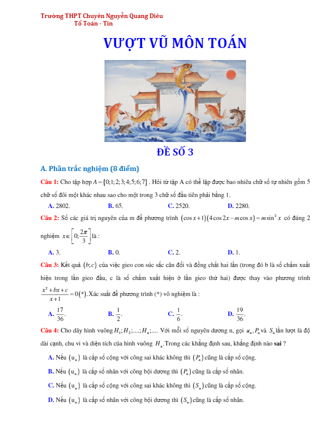 đề vượt vũ môn toán 2018 lần 3 trường thpt chuyên nguyễn quang diêu – đồng tháp