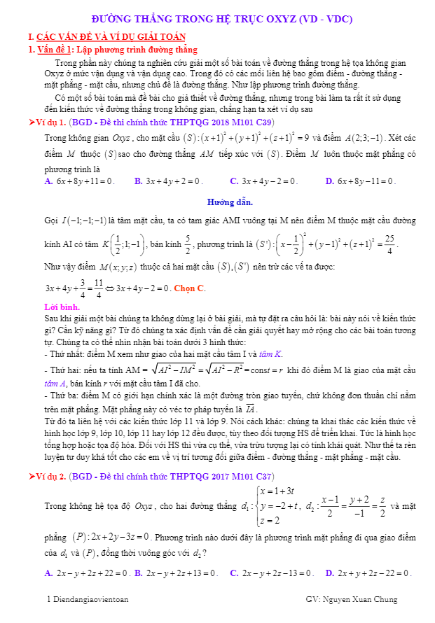 đường thẳng trong hệ trục oxyz (vd – vdc) – nguyễn xuân chung