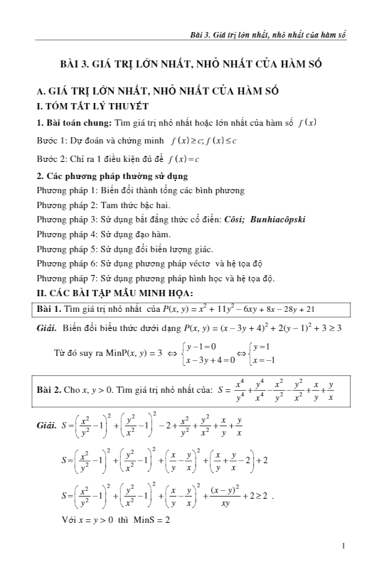 giá trị lớn nhất – nhỏ nhất của hàm nhiều biến – trần phương