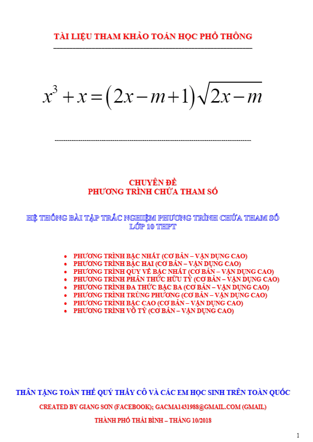 hệ thống bài tập trắc nghiệm chuyên đề phương trình chứa tham số – lương tuấn đức