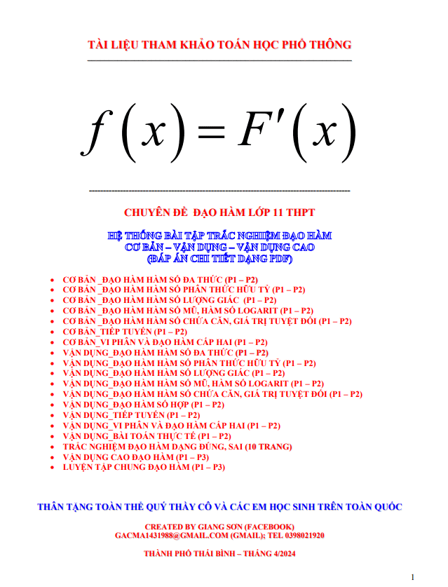 hệ thống bài tập trắc nghiệm đạo hàm cơ bản – vận dụng – vận dụng cao