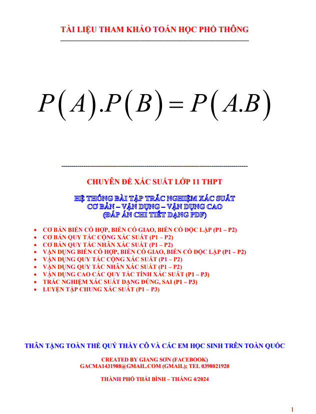 hệ thống bài tập trắc nghiệm xác suất toán 11 cơ bản – vận dụng – vận dụng cao
