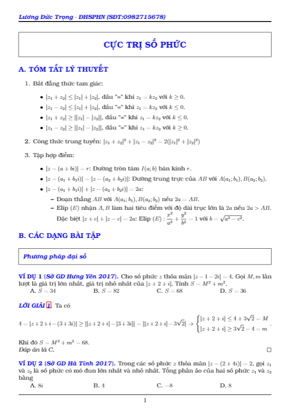 hướng dẫn giải bài toán cực trị số phức – lương đức trọng