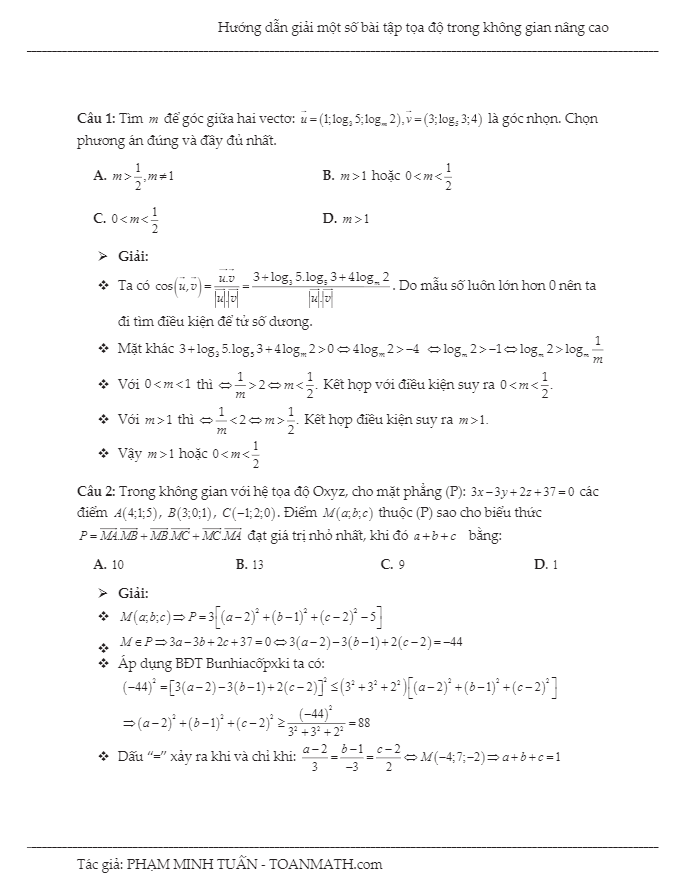 hướng dẫn giải một số bài tập tọa độ trong không gian nâng cao – phạm minh tuấn