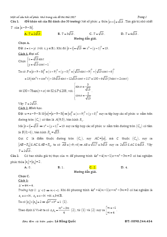 hướng dẫn giải một số câu hỏi số phức khó trong các đề thi thử – lê hồng quốc