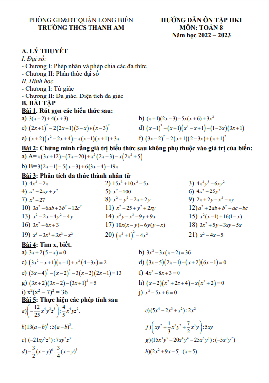 hướng dẫn ôn tập cuối kì 1 toán 8 năm 2022 – 2023 thcs thanh am – hà nội