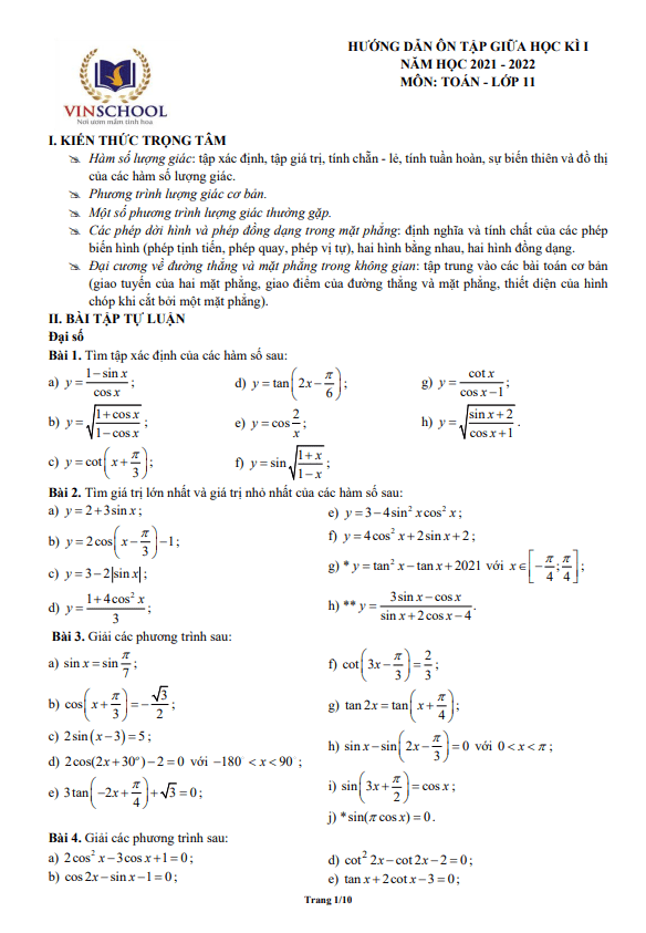 hướng dẫn ôn tập giữa kì 1 toán 11 năm 2021 – 2022 trường vinschool – hà nội