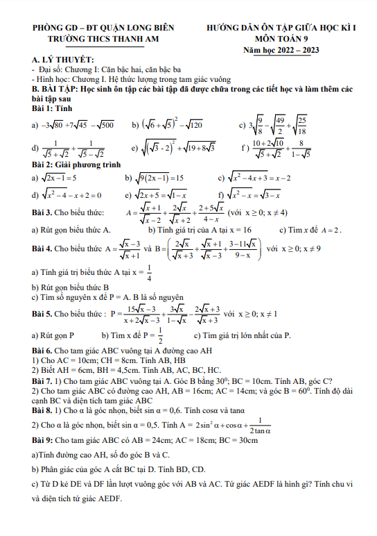 hướng dẫn ôn tập giữa kì 1 toán 9 năm 2022 – 2023 thcs thanh am – hà nội