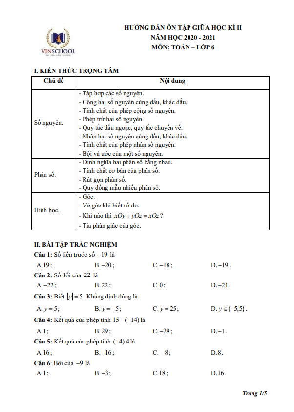 hướng dẫn ôn tập giữa kì 2 toán 6 năm 2020 – 2021 trường vinschool – hà nội