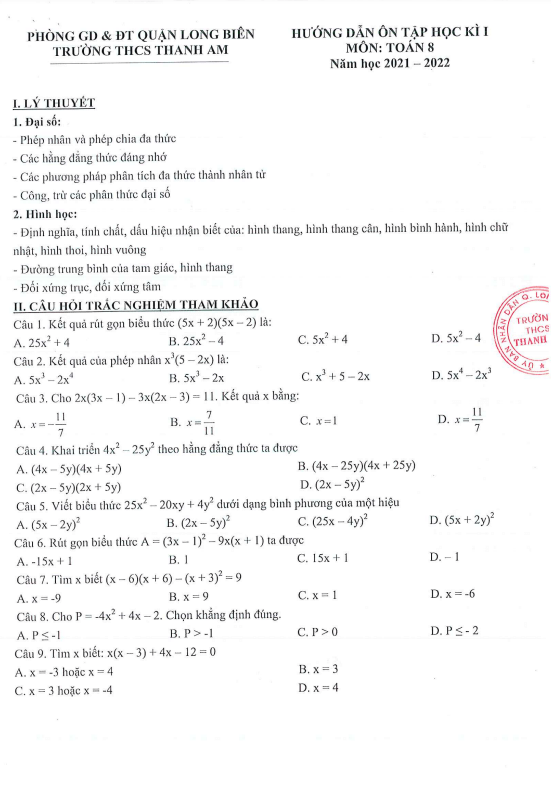 hướng dẫn ôn tập học kì 1 toán 8 năm 2021 – 2022 trường thcs thanh am – hà nội