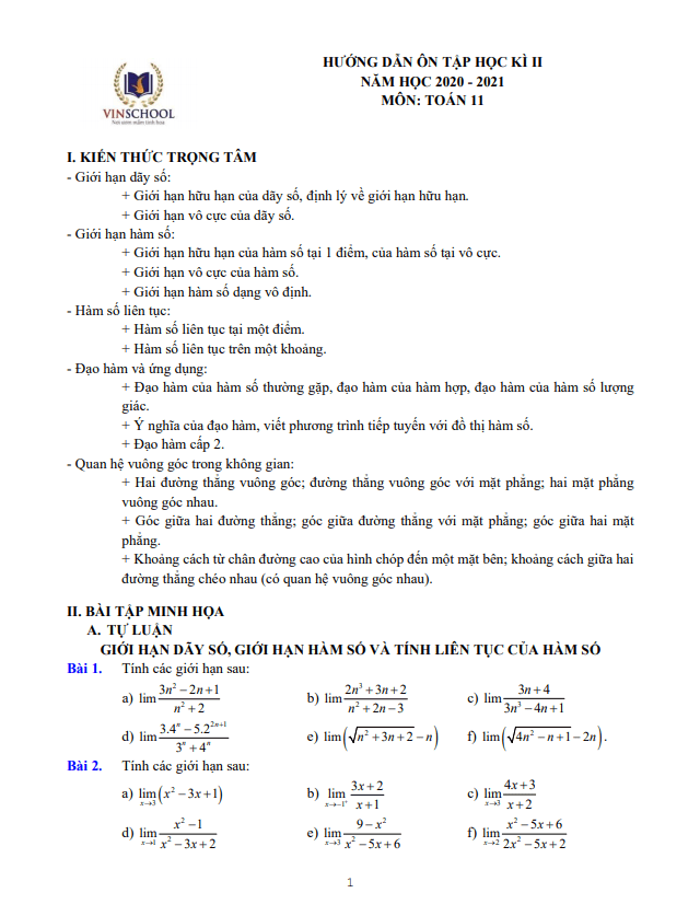 hướng dẫn ôn tập học kì 2 toán 11 năm 2020 – 2021 trường vinschool – hà nội